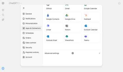 Selecting the Advanced Settings option in the ChatGPT Apps and Connectors settings